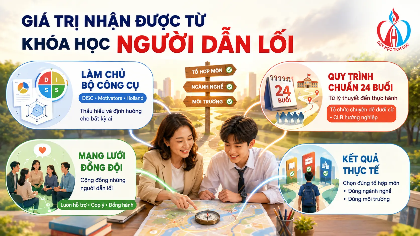 Giá trị nhận được từ khóa học Người Dẫn Lối: làm chủ bộ công cụ, quy trình chuẩn 24 buổi, mạng lưới đồng đội, kết quả thực tế